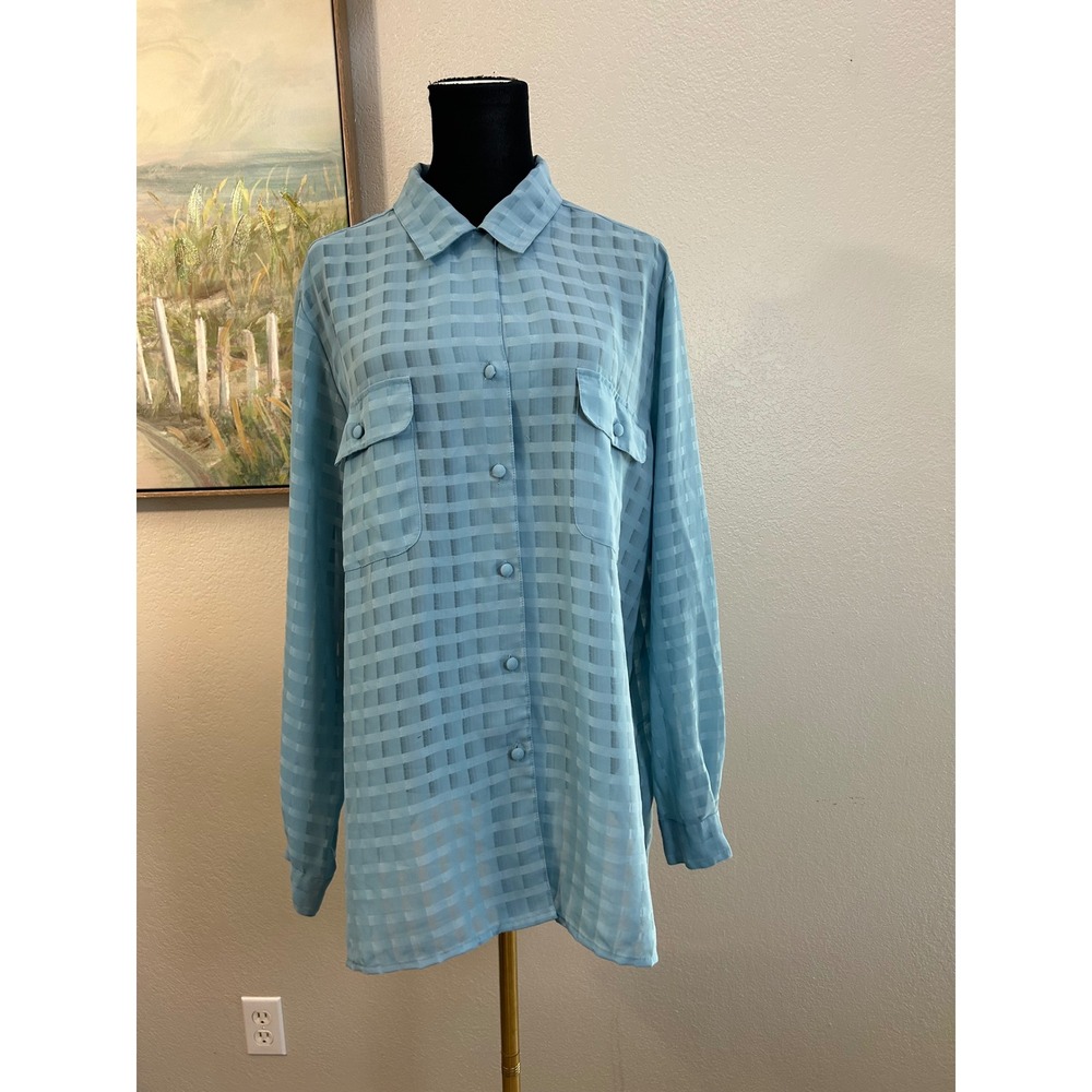 Vintage Y2K Light Blue Sheer Button‎ Up Checkered Blouose Lightweight Retro 20W